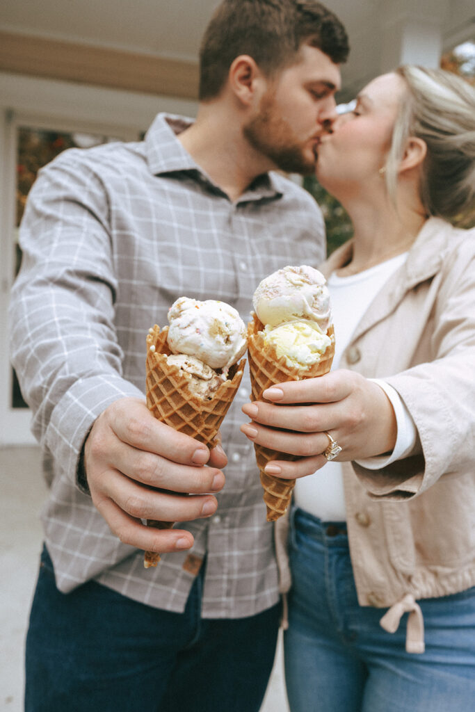 couple enjoying ice cream during their fun engagement session