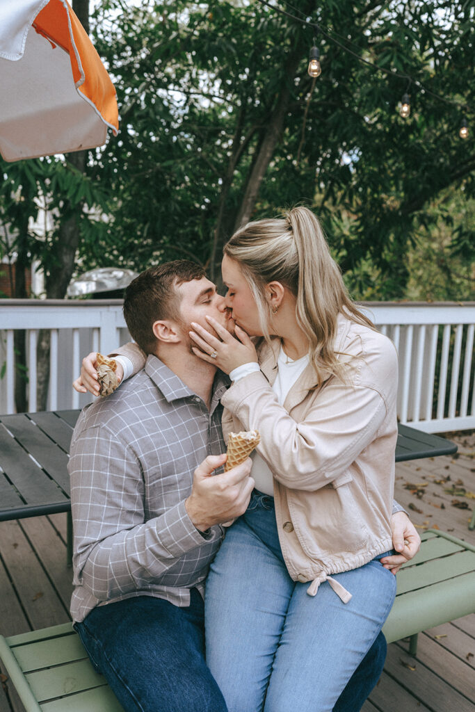 couple kissing at their fun engagement session