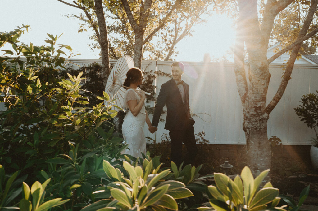 couple walking around their engagement location