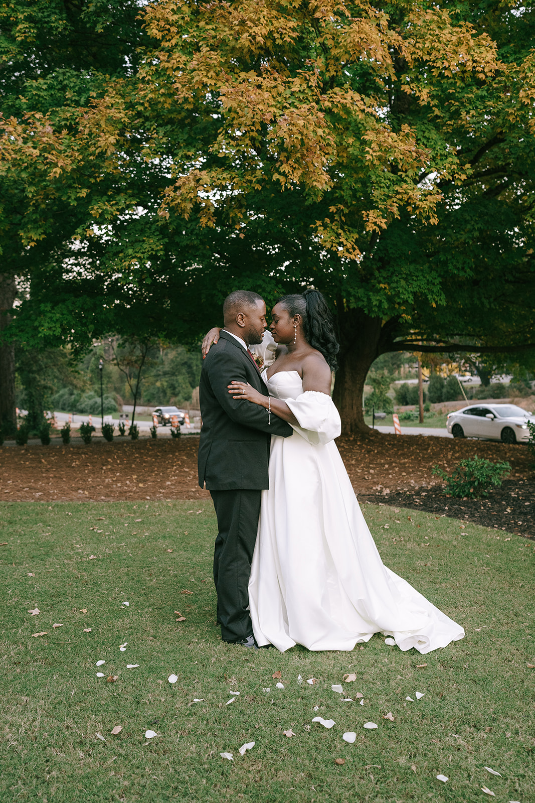 bride and groom at their elegant fall garden wedding