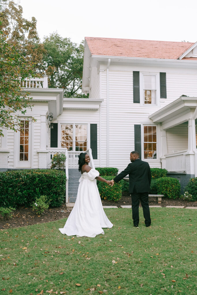 couple walking around their wedding venue