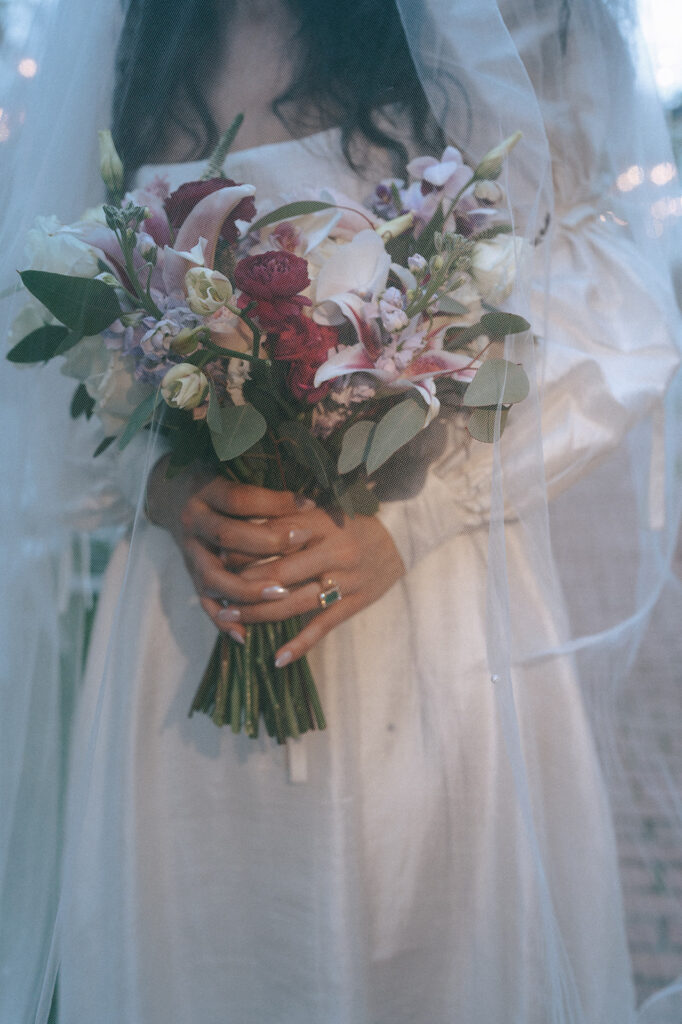 colorful coquette themed wedding bouquet 