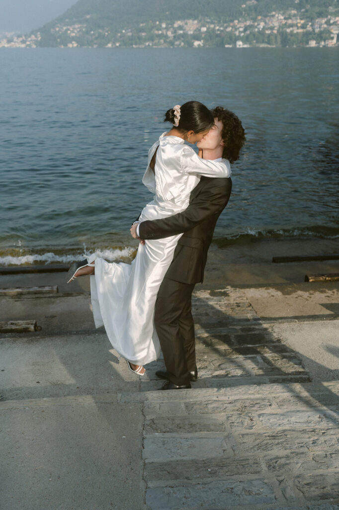 portrait of the newlyweds kissing