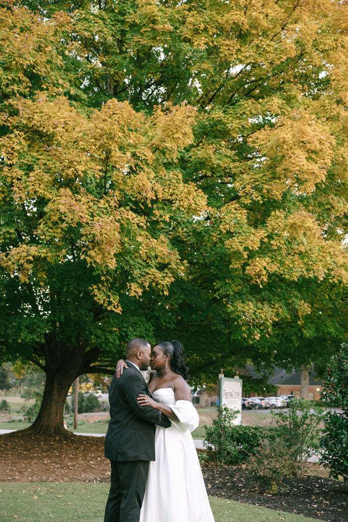 portrait of the newlyweds kissing