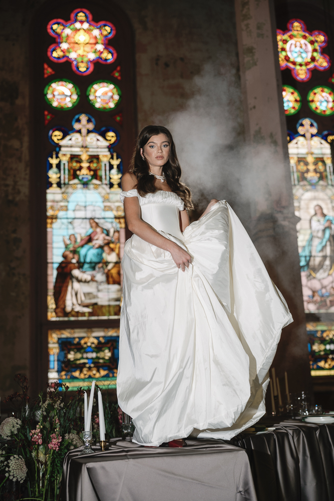 portrait of the bride dancing during her bridal portraits