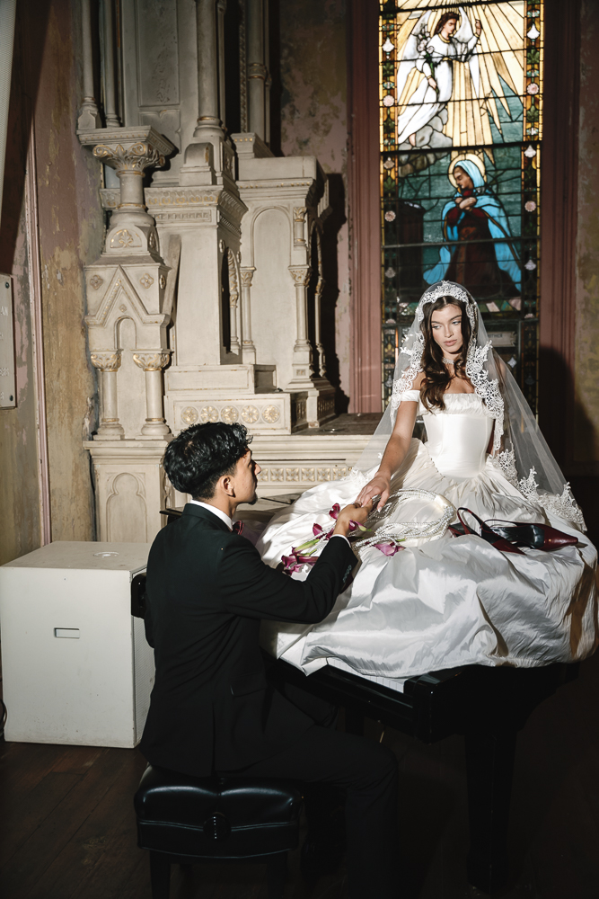 picture of the bride and groom smiling at each other