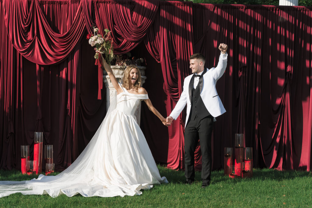 Cute picture of the newlyweds heading to their wedding reception