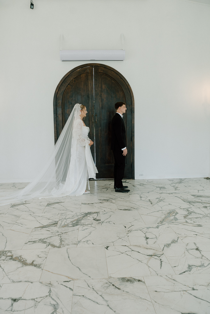 Bride and groom at their first look