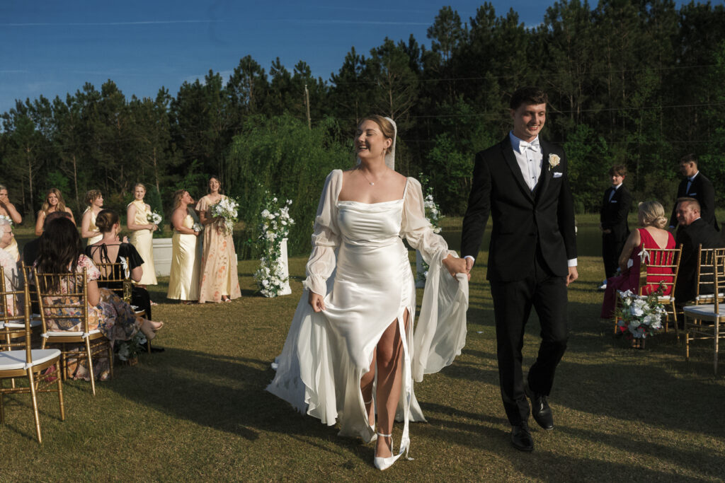 happy couple heading to their reception
