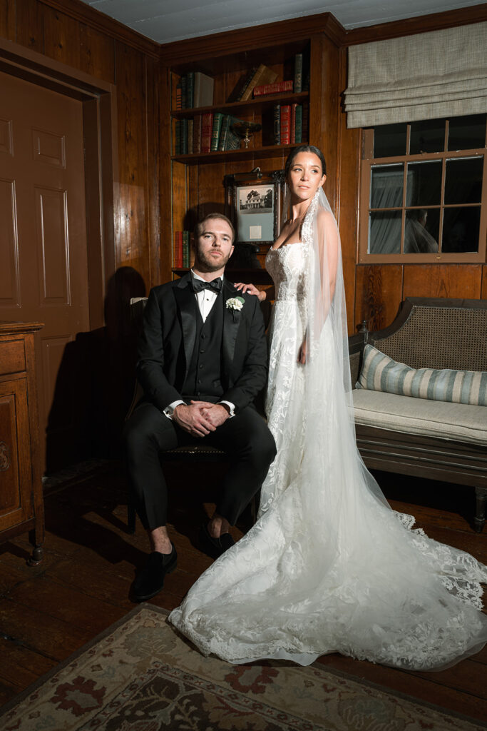 portrait of the newlyweds at their dream wedding reception