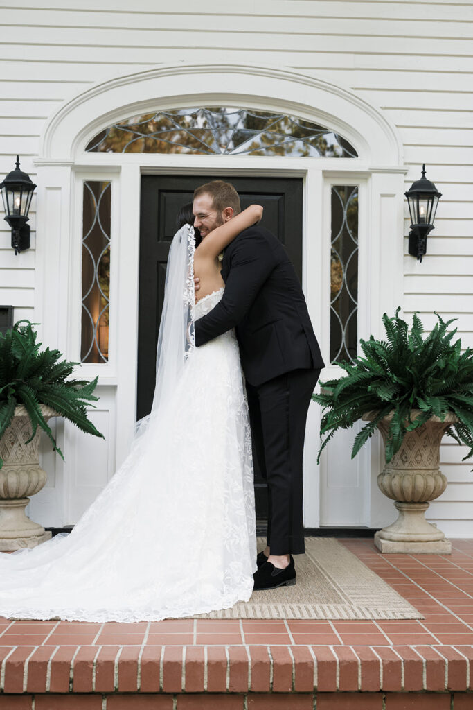 cute picture of the bride and groom hugging