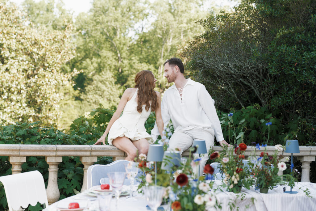 cute picture of the newlyweds at their european themed wedding