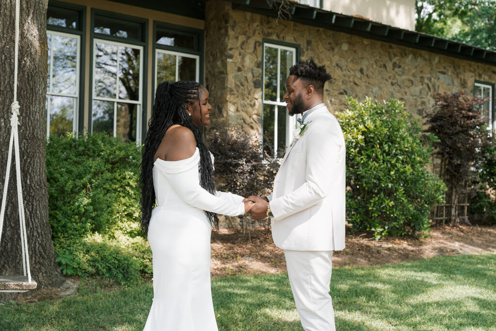 cute picture of the bride and groom at their first look